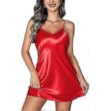 (M, Red) Women Satin Nightgown Babydoll Sexy Sleepwear Mini Slip Chemise Nightwear