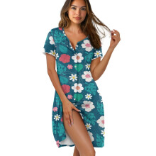 Women's Short Sleeve Nightgown, Button-Front Sleep Dress, Knee-Length Lounging Dress, Tropical Monstera Teal, S – Compatible with Home & Bedroom
