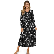 Women's House Dress Full Length Nightgown Button Down Housecoat Soft Cozy Long Sleeve Lounge Dress Comfort Sleepwear Nightdress, 2XL, Moon Star Black