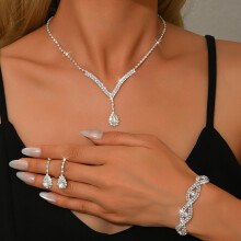 Bridal Wedding Jewelry Set Silver Rhinestone Necklace Earrings Sets Formal Costume Jewelry for Women and Brides