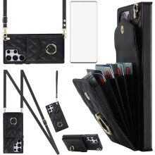Galaxy S23 Ultra 5G Phone Case with Wallet, Tempered Glass Protector, Wrist Strap, RFID Card Holder – 6.8"