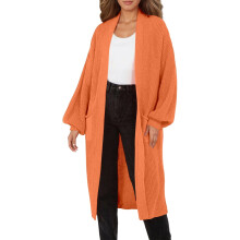 Damecardigan Strikket Lys Orange Lange Sweatere til Kvinder Varme Sweatere Efterårsmode Tøj til Kvinder