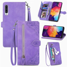 Compatible with Samsung Galaxy A50 6.4" PU Leather Magnetic Flip Wallet Case with Lanyard, Wristlet & Zipper Card Holder
