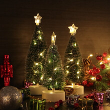 Pre-lit Mini Christmas Tree Set of 3, Battery-Operated Tabletop Bottle Brush Trees for Holiday Decor, Gift & Party – Compatible with AAA Batteries
