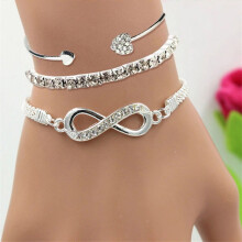 Women Bracelets Rhinestone Decor Hollow Infinite Symbol Heart Adjustable Stackable Wrist Jewelry Lady Prom Party Wedding Bangle Set Silver 3 Pcs/Set