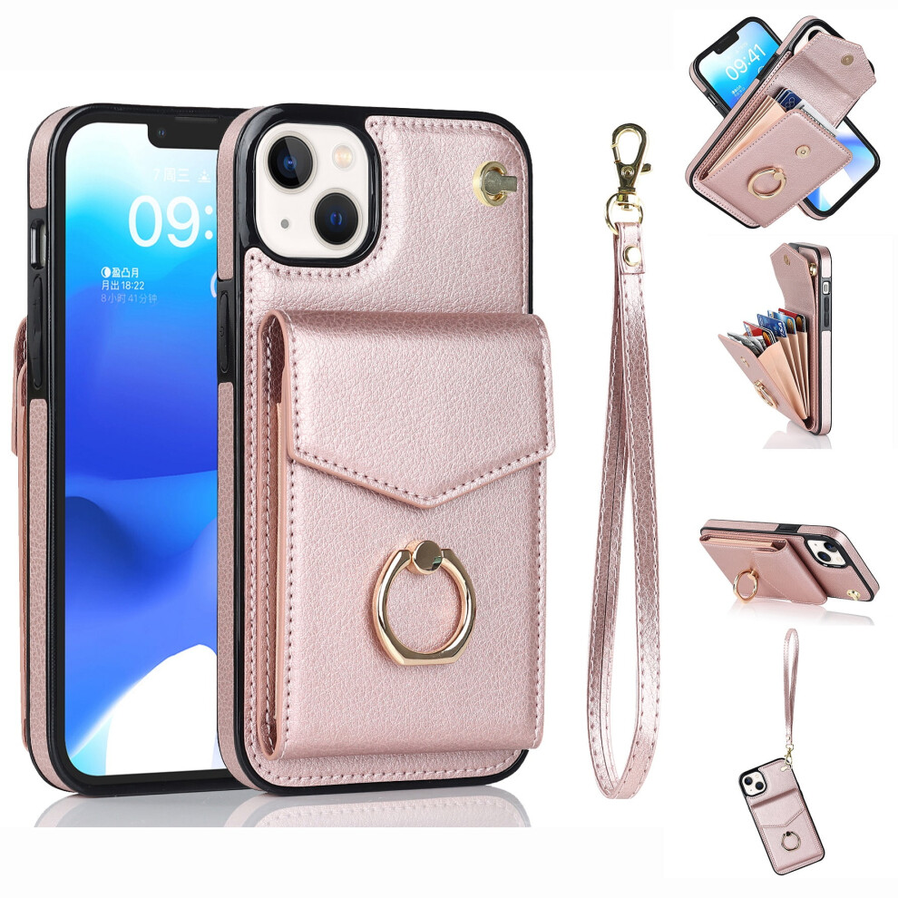 Iphone 13 Wallet Case Â Rfid Blocking, Shockproof, Magnetic Ring Holder, Kickstand, Detachable Wrist Strap, Rose Gold 9479868415560