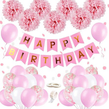 Pink Birthday Party Decorations for Girls, Happy Birthday Banner Balloons Garland Party Supplies with Paper Pompoms, Confetti Balloons for Women