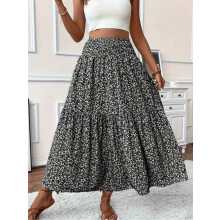 Gonna lunga da donna in stile boho con stampa floreale - Vita alta elasticizzata, gonna lunga a trapezio plissettata per un look casual estivo.