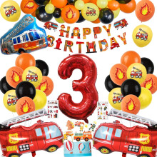Fire Brigade Decoration, 3 Years Children's Birthday Party Balloons Set with Fire Engine Foil Balloons, Happy Birthday Decoration, Cupcake Topper