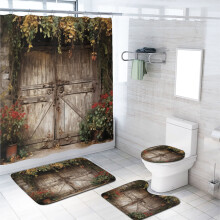 Houten schuurdeur 4-delige douchegordijnset met antislipmat, toiletbrilhoes en 12 haken – 72x72" landelijke badkamerset