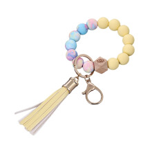 Silicone Beaded Bracelet Keychain Wristlet Key Ring Bangle Chains for Women with Leather Tassel