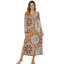 Long Sleeve Women's Nightgown – Soft Button-Front Sleepshirt, Bohemian Flower Print, Brown, Size 3XL