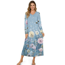 Elegant Long Sleeve Nightgown for Women – Button Front, Ankle-Length, Soft Sleepwear, Dandelion Bee Print Blue, S, Compatible with Home/Hotel