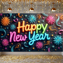 Neon Light Happy New Year Banner with Fireworks, Confetti & Ribbon – Indoor Party Decoration (Compatible with New Year Celebrations)