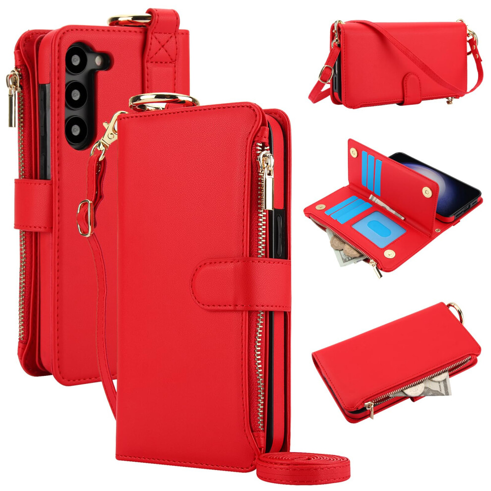 Wallet Case For Samsung Galaxy A54 With Rfid Blocking, Crossbody Shoulder Strap And Kickstand Grip Red 9092120198072