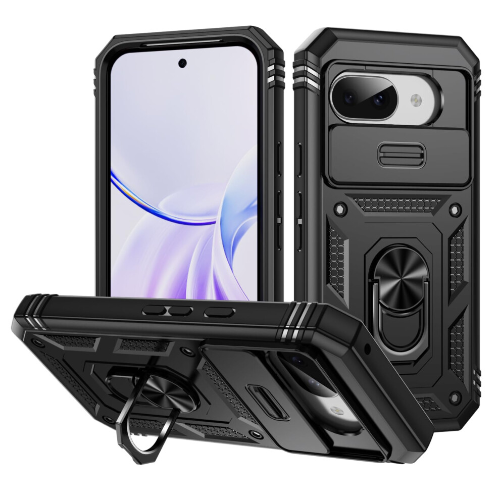 Case With Camera Slide Cover, 360 Ring Kickstand, Magnetic Mount, Duallayer Protection, For Google Pixel 9A Black 9092120198089
