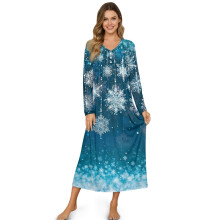 Women's Cozy Button-Front Sleepshirt, Soft Long Sleeve Nightgown, Full-Length Snowflake Print Blue Sleepwear, 4XL, Compatible with Bedroom & Lounge