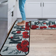 Red Rose Kitchen Rugs Set of 2, Non-Skid Washable Sink Mat & Floor Mat, Red Kitchen Decor – Compatible with Standard Sinks