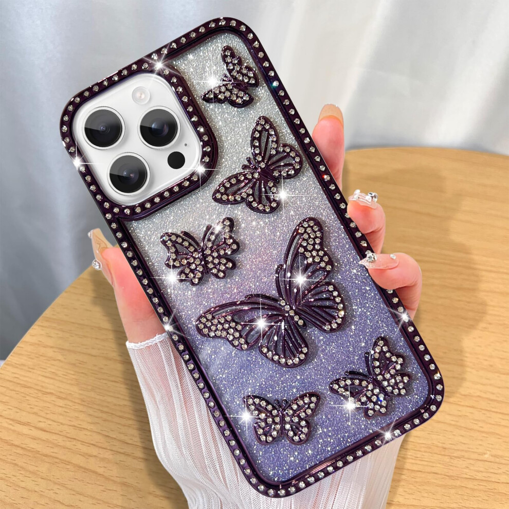 Luxury Glitter Butterfly Diamond Clear Case For Iphone 16 Pro, Shockproof Cover With Raised Edge Protection Â Purple 9092120201680