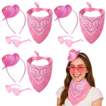 Rosa cowgirl-pannebåndsett med hjertebriller og bandana – glitter western-kostymesett for kvinner og menn, bursdag/utdrikningslag