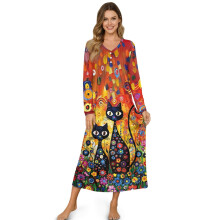 Women's Soft Cozy Housecoat Sleepshirt, Button-Front, Long Sleeve, Black Cat Flower Pattern, Orange, S, Compatible with Home & Bedroom