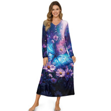 Elegant Long Sleeve Nightgown for Women – Button Front, Ankle-Length, Soft Sleepwear, XL, Butterfly Violet Daisy, compatible with home/hotel use