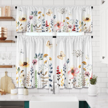 Watercolor Floral Window Curtains Tiers Set with Valance, 26" Length, 3pcs – Short Curtains for Bathroom, Kitchen, Bedroom & Living Room (Compatible