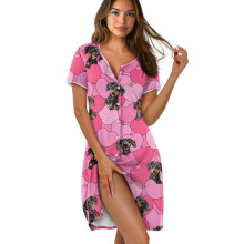 Elegant Short Sleeve Button-Front Nightgown, Round Neck Housecoat, Love Heart Dachshund Print, Pink, Size 3XL, Compatible with Women