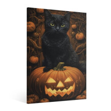 Tablou pe pânză vintage de Halloween cu pisică neagră și dovleac – Poster gotic înfricoșător, compatibil cu decorul de