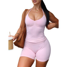 Dames Y2K Sportieve Yogatop en Shorts Set Zomer Workout Fitness Outfit Sportkleding Tweedelig Roze L