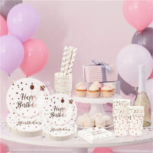 set verjaardagsbordjes, milieuvriendelijke papieren decoraties, roze en gouden stippen, keukenbenodigdheden