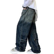 Guttebukser med vide ben og baggy jeans og elastisk linning i gradert denim, 13-14 år