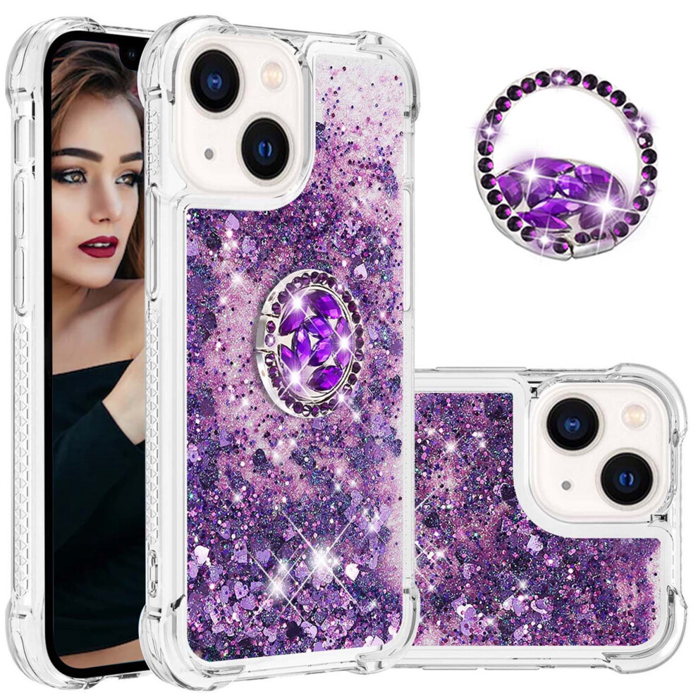Glitter Clear Bling Case For Compatible With Iphone 15 Plus Â Quicksand Liquid Flow + Diamond Ring Holder, Lsz Purple 9028731710525