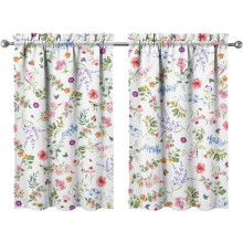 Floral Kitchen Curtains 24" L, White Short Tier for Sink/Bathroom/Cafe, Rod Pocket (2 Panels, 27.5"x24")