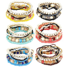 7Pcs/Set Women Boho Bohemian Mix Style Multilayer Elastic Beaded Bracelets for Banquet Party Blue