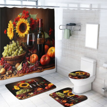 Dusjforhengsett med sklisikkert teppe, toalettlokktrekk, badematte og 12 kroker – Solsikker blomstermønster i landlig stil, 72x72 tommer