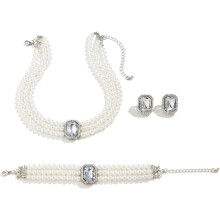 Women's Pearl Earrings Necklace Bracelet Set Wedding Rhinestone Crystal Pearl Jewellery Set Bride Bridesmaid Exquisite Jewellery
