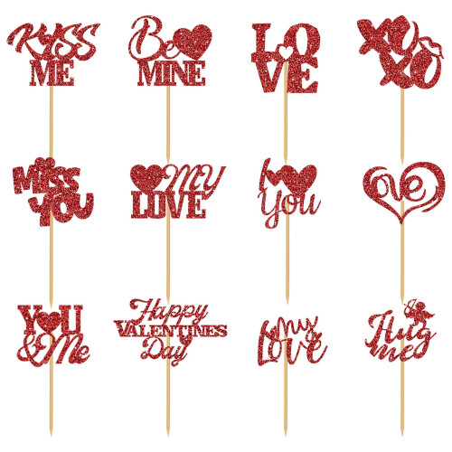 Glitter Red Valentine Cupcake Toppers 24 pcs