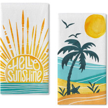 Conjunto de 2 panos de prato Hello Sunshine Summer Sun, com estampa tropical de palmeiras, estilo praia e praia, e decoração náutica com gaivotas