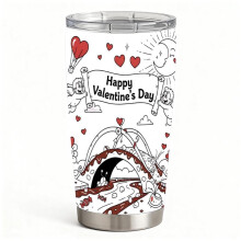 Coloring Valentine’s Day Tumbler, Cute Cupid & Hearts Black and White Design, Stainless Steel Gift for Her