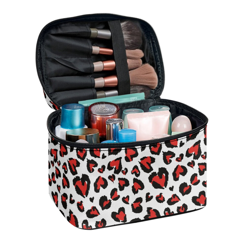 Red Travel Wash Cosmetic Bag With Brush Slots With Brush Holder Heart Print Desktop Neatness