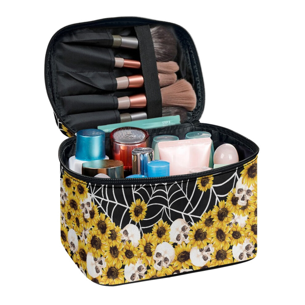 Portable Travel Cosmetic Bags for Girls Cosmetic Bags Portable Hanging Organizer Brush Slots Wide-open Skull and Sunflower Pattern