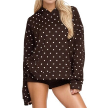 Women Polka Dot Hoodie Oversized Hooded Sweatshirt Long Sleeve Drop Shoulder Graphic Print Hoodies Brown S