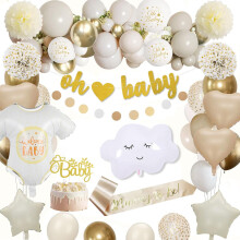 Gold Baby Shower Decorations Set for Boys & Girls – Balloons, Sash, Cake Topper, Banner – Gender Reveal Party Decor
