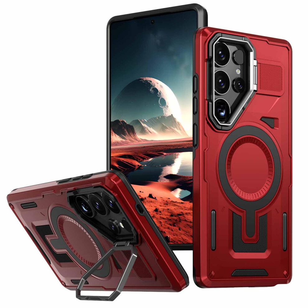 Magnetic Shockproof Case For Samsung Galaxy S25 Plus, Military Grade Protection With Metal Lens Kickstand Red 9092120202304