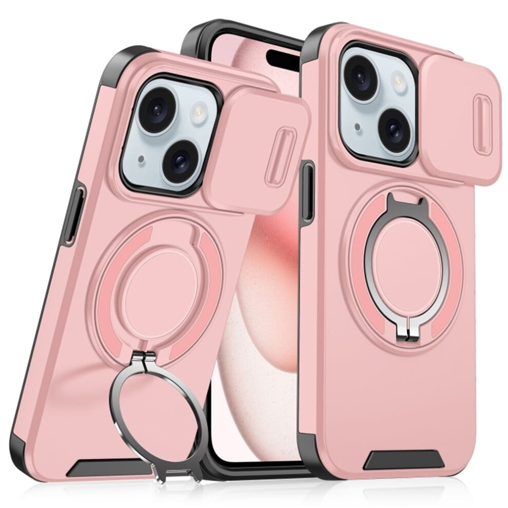 Iphone 15 (6.1") Case Â Slide Camera Cover, Rotatable Kickstand & Sliding Ring, Shockproof, Â Compatible With Iphone 15 Pink 9028731607405