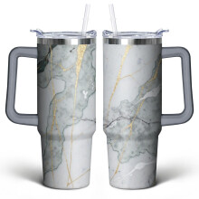Marble Geometric 30 oz Tumbler with Handle, Lid & Straw – Stainless Steel Double-Walled Vacuum Insulated – Cute Gift for Women, Men, Friends