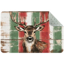 Christmas Deer Plaid Small Area Rug, Non-Slip Washable Indoor Mat for Kitchen, Bedroom, Living Room & Entryway