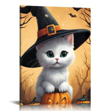 Vintage Halloween kat en pompoen canvas wanddecoratie – Gotische horrorposter voor woonkamer, feestdecoratie (ingelijst)