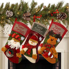 TETOU 3Pcs 18'' 3D Plush Christmas Stockings—Santa, Snowman, Elk—Compatible with Standard Mantels